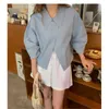 Lato Koreański Casual Solidne Koszulki Bluzki Kobiety 3/4 Rękawostwo Kołnierz Luźne Topy Moda Kobieta Blusas Mujer 210513