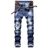 Men Badge Blue Slim Fit Jeans Fashion Skinny Washed Motocycle Denim Pants Panelled Hip Hop Biker Streetwear Trousers 10059