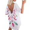 Women Summer T-shirts Casual O Neck Backless Short Sleeve Floral Print Loose Sexy White Tee Tops Ladies Asymmetric Pullover Tops 210507