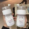 2021 Cute cartoon glass Water Bottles with straws, portable, simple, fresh and trendy cups 4 styles