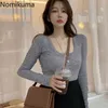 Nomikuma slim fit sexy tshirts vrouwen effen kleur vierkante kraag lange mouw korte t-shirts vrouwelijke koreaanse chique tops camisetas 210514