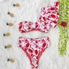 Hög midja bikini 2021 Ruffle badkläder kvinnor tryck sexig baddräkt push up bikinis plus storlek baddräkter blommig strand slitage 1166 z2