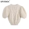 KPYTOMOA Femmes Mode Câble-Tricot Pull Court Vintage O Cou Puff Manches Femme Pulls Chic Tops 211217