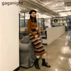Koreanska stil damer regnbåge randiga stickade kjolar modeflickor slim elastisk wastic hip mid-calf höst vinter 210601