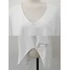 Koreański V-Neck White Cotton T-shirt Top Damskie Lato Pół Rękaw Loose Tshirt Arc Line Solid Tee Koszula FEMME 13683 210512