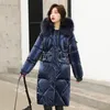 Зимние элегантные женщины яркие длинные коленные длины Parka хлопковая куртка повседневная свободный большой меховой воротник с капюшоном толщиной 210423