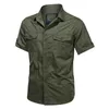 Mens 100% Bomull Militär Shirts Casual Dress Kortärmad Slim Toppar Arbetskjorta Manlig Solid Sommar Trendig Bröstficka 4XL 210626