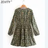 Women Sweet V Neck Country Style Floral Print A Line Dress Femme Long Sleeve Pleats Mini Vestido Chic Cloth DS4696 210420