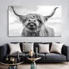 Zwart -wit hoogland koe vee muur canvas kunst Noordse schilderposter en print Scandinavische muurfoto voor woonkamer