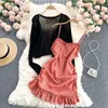 Kobiety Summer Sexy Ruffles Bez Rękawów Ruffles Czeski Kwiatowy Pasek Suknie + Długi Rękaw Dzianiny Koszula Dwuczęściowe Garnitury 210715