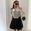 Korejpaa Dames Set Zomer Korea Chic Temperament Contrast Color Revers Check Single-Breasted Blouse High-taille Puffy Skirt 210526