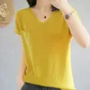 Summer Casual Short Sleeve T Shirt Women V Neck Loose Solid Knitted T-Shirts Female Thin Plus Size Tees Shirt Blusas 14648 210528