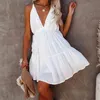Women Sexy Spaghetti Strap Deep V-Neck Sleeveless Dress Summer White Lace Up High Waist Ladies Beach A-Line Mini Dresses 210416