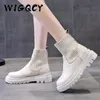 Ankle Boots Woman Slip-On Shoes Woman Fashion Knitted Elastic Round Toe Short Boots Platform Square Heels Leather Boots Women Y0905