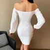 Ezgaga Long Puff Sleeve Party Dress Women Solid V-Neck Lace-up All-Match White Dresses Off Shoulder Ladies Sexy Bodycon Elegant 210430