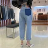 Kore Yırtık Yüksek Bel Kadın Denim Kot Rahat Moda Katı Gevşek Düz Pantolon Pantolon Düğme Fly Streetwear 210513