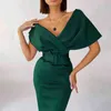 Wiosna Jesień Moda Pasted Wrap Office Dress Kobiety Sexy Off Ramię V Neck Club Party Dress Elegant Slim Długie Bodycon Dress Y1204