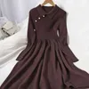 Korobov Korean Sweet Chic Knit Dress Vintage Long Sleeve Turn-Down Collar Button Dresses New Solid Vestidos Femme 210430