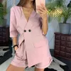 Office Lady 2 piece set women Summer Fashion V-neck Short-Sleeved Suit Slim Fit Stylish Casual Two-Piece Set outfits 210514