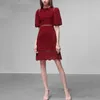 Designer Runway Dress Elegant Latarnia Rękaw Hollow Out Haft Vintage Party Red Mini 210421