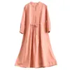 Johnature Kobiety Vintage Sukienki Haftowe Stojak Nine Rękaw Bawełniany Pościel Szaty Wiosna Color Color Button Sukienka 210521