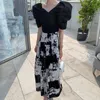 Korejpaa Frauen Kleid Sets Korea Chic Einfache Temperament V Kragen Laterne Hülse Hemd und Hohe Taille Tinte Tie Dye rock Anzug 210526