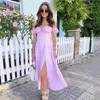 Ruffle Off Shoulder Vintage Summer Dress Women Boho Slit Floral Print Long A-line Pink Sundress 210427