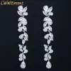 Luxe Blanc Cubique Zircone Magnifique Feuille Fleur Longue Dangle Boucles D'oreilles pour Femmes Mariée Mariage Brincos CZ571 210714