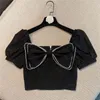 Sexy Bowknot-shirt voor vrouwen vierkante kraag bladerdeeg korte mouw diamanten slanke temperament shirts vrouwelijke zomer mode 210524