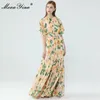 Robe de créateur de mode d'été à manches courtes pour femmes Camellia imprimé floral à lacets Bohême vacances en mousseline de soie Maxi robes 210524