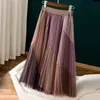 Summer High Waist Pleated Skirt Women New Spell Color Mesh Tulle Long Skirts Korean Style Ruffles With Lining Thin Skirts 210415