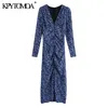 Women Fashion Floral Print Pleated Slit Midi Dress Long Sleeve Back Zipper Female Dresses Vestidos Mujer 210420