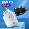 Snabb PD 20W USB LED C laddare EU US Plug QC 3.0 2 Portladdning Väggadapter för iPhone 11 12 13 Pro Max Samsung Huawei