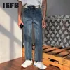 IEFB / Mäns Slitage Fjäder Ankellängd Byxor För Man Mode All-Match Straight Loose Jeans Vintage 9Y1946 210524