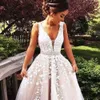 Gorgeous Sleeveless V-Neck Lace Appliques A-Line Wedding Dress Tulle Online Beading Sash Light Champagne Vestido De Noiva