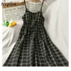 Neploe plaid dress vinatge koreanska sundress vår sexig strand klänning kvinnor spaghetti band klänningar kvinna fest natt kläder 210423