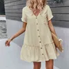 カジュアルな緩い夏のドレスシャツの女性ボタンアップオフィスワークショートドレスvestidos Beach Boho Shirtドレス女性プラスサイズ210415