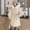 Zima Ciepła przestrzeń Płaszcz bawełniany Kobiety Solidna Lace Up Zipper Moda Padded Mid Long Parka Jacket Ladies Zagęścić Kapturem Veste Femme 210515