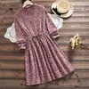 Robe Femme Spring Höst Vintage Vestidos Kvinnor Elbise Casual Loose Long Sleeve Leaves Printed Drawstring Waist Dresses 210520