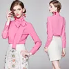 Elegant Solid Rosa Bow Shirt Blouse Top + Flower Broderi Slim Fit Hip Mini Skirt Suit Kvinnor Vår Sommar Två Pieces Set 210416