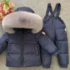 Conjuntos de roupas com capuz pele bebê menino ternos de inverno para baixo meninas quentes neve esporte esqui crianças agasalho ao ar livre crianças roupas jaqueta