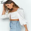 Femmes Sexy Tache Col Carré À Manches Longues Crop Tops T-shirt Blanc Creux Out Bandage Dames Paty Puff Bodycon Top 210514