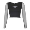 Yedinas Frauen beschnittene Herzform Stickerei T-Shirt Sommer Mesh Sleeve Patchwork T-Shirt Femme Crop Top E-Girl Gothic 210527