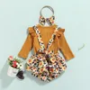 Clothing Sets 3Pcs Baby Girls Clothes Ruffle Long Sleeve Rib Knit Tops + Floral Suspender Shorts Overalls Headband Summer Fall Outfits