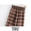 Traf Women Chic Masowe Pockets Check proste spodnie Vintage High Elastyczne talia sznurka żeńskie spodnie Mujer 210415