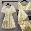 M-4XL Back riem printing bladerdeeg mouw mini jurk gratis tas plus size zomer mode dameskleding vrouw 210520