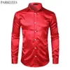 Hommes Slim Fit Soie Satin Robe Chemises De Mariage Groom Stade De Bal Chemise Hommes À Manches Longues Boutonné Chemise Mâle Chemise Homme Rouge 210522