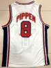 Retro Kolej #8 Pippen USA Team Dream Basketball Forması hepsi dikişli beyaz mavi