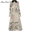 Mode Runway Zomer Vintage Party Jurk Dames Turn-down Kraag Lange Mouw Single-Breasted Print Hoge Taille Midi DRS 210524