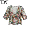 Frauen Fashion Floral Print Gestellte Blusen Vintage V-ausschnitt Kurzarm Seite Zipper Weibliche Shirts Blusas Chic Tops 210507